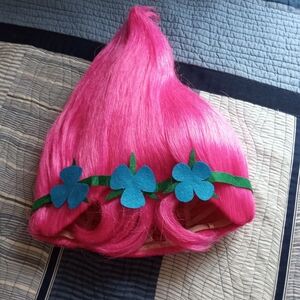 Pink Wig with Blue Flower Accents